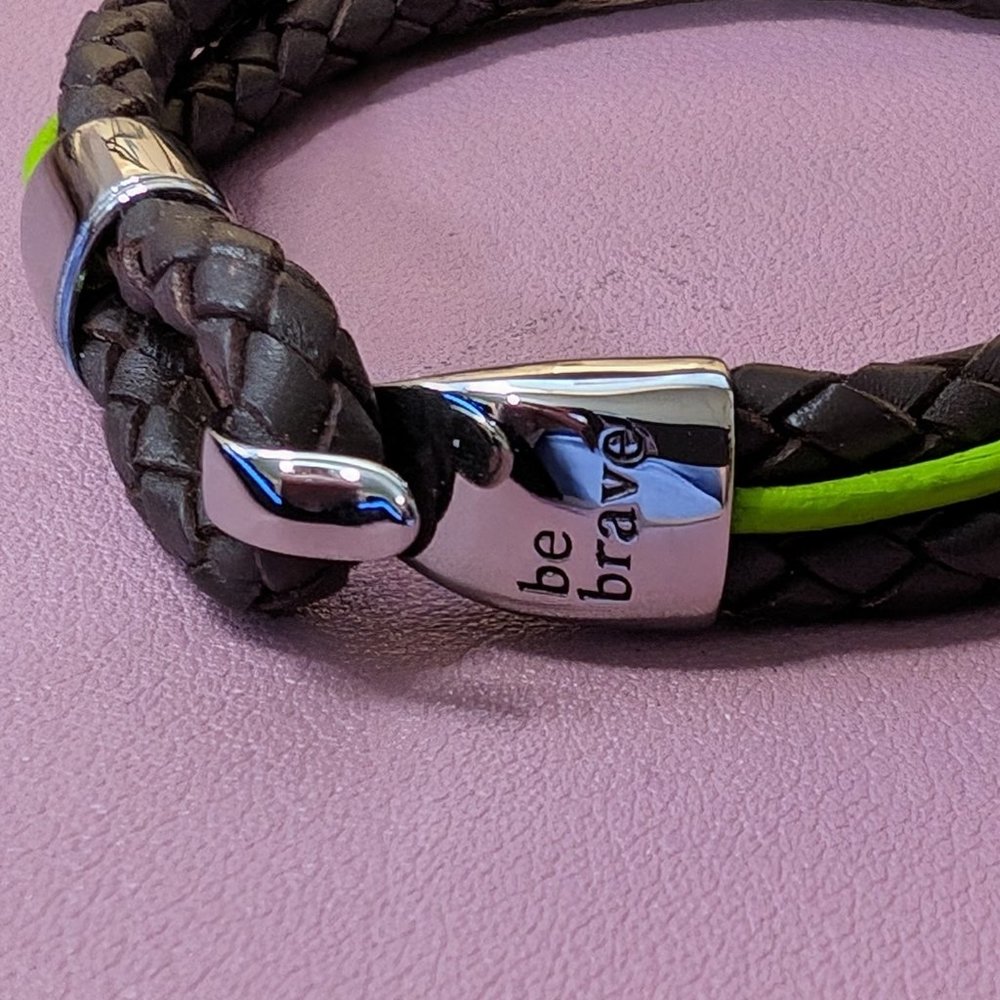 Dark brown leather bracelet with lime green accent, "Be Brave" silver accent